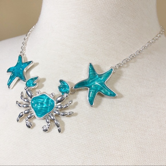 Blue Crab Starfish Necklace Dangle Earrings Set - Picture 2 of 3